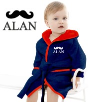 Baby and Toddler Cute Baby Mustache Design Embroidered Hooded Bathrobe in Contrast Color 100% Cotton